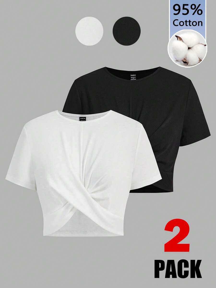 SHEIN Essnce Áo thun nữ cỡ lớn cổ tròn thiết kế xoắn, gợi cảm, thoải mái, màu đen trắng, nhiều chiếc. - trắng - Xem 1