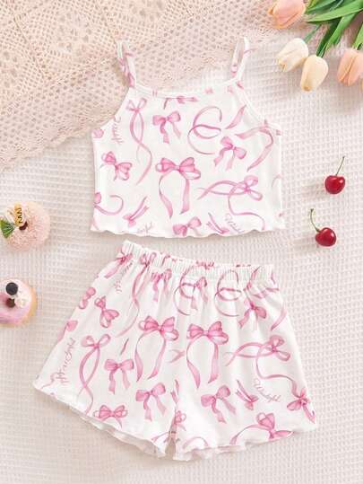 Conjunto de pijama de top de camiseta ajustada minimalista y pantalones cortos casual para niñas preadolescentes, adecuado para el verano