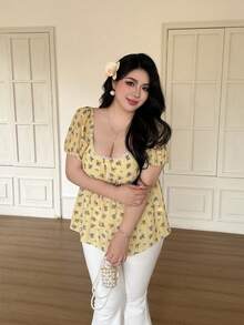 Vibekara Plus Size Spring/Summer Jacquard Floral Fabric Ruffle A-Line Lace Patchwork Short Sleeve Blouse - White - View 5