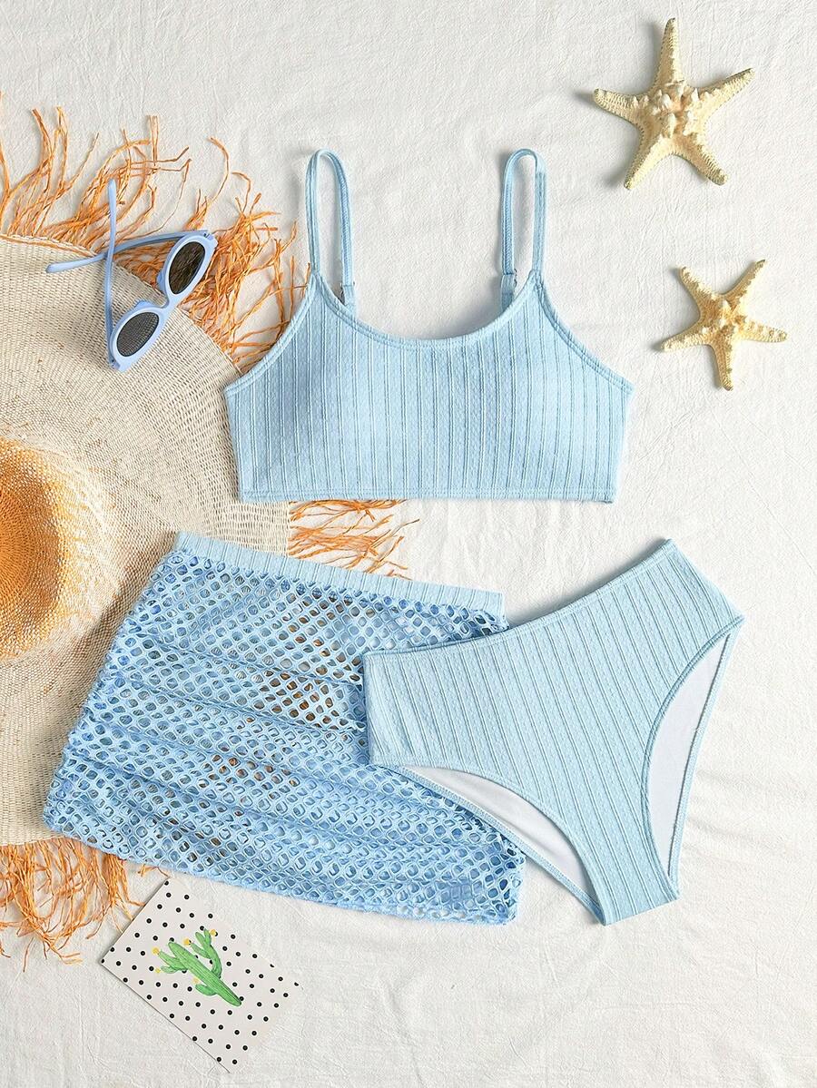 SHEIN 3件套女童比基尼套装,特殊面料,夏季沙滩装 - 藍色 - 查看 1