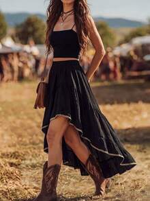 SHEIN LUNE Women's Pastal Autumn Boho Laced Vacation Skirt, Asymmetric Ruffle Hem Lace Trim A-Line Waist Cinching Linen-Like Elegant Graduation Golf - Black - View 4