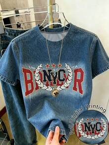 Resyla Áo thun ngắn tay nữ phong cách thường ngày, họa tiết chữ và denim, thích hợp mặc đi làm hàng ngày, mùa hè. - Nhiều màu - Xem 1