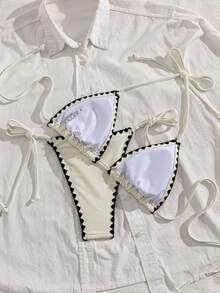 Bonvoyette Summer Vacation Girl's Solid Color Contrast Shell Embroidery Ruffle Trim 2 Pieces Bikini Set Beach Party Black Sexy - Multicolor - View 2