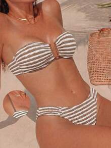 SHEIN Swim 棕色兩件式泳衣，紋理布料，可拆式肩帶平口掛脖式，側褶 U 型深 V 領，夏季休閒度假泳池派對度假款 - 棕色 - 查看 3
