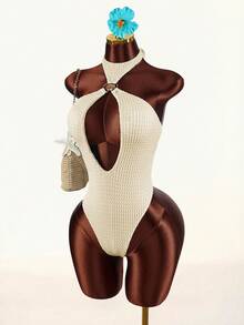 Amplova Women's Shell Metal Decor Halter Backless One-Piece Swimwear With Cover-Up & Skirt Set - Apricot - View 4