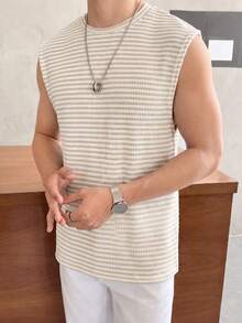 SWAVVY Áo tank top nam dáng rộng, màu mơ, vải jacquard trơn, thích hợp mặc mùa hè. - Màu be - Xem 2
