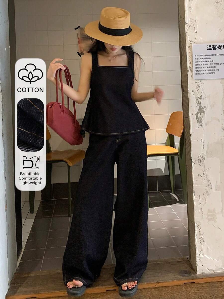 Dazy Tall Bộ đồ nữ gồm áo hai dây cổ vuông thắt eo và quần jeans ống rộng dài thoải mái, thích hợp cho phong cách thường ngày. - Rửa tối - Xem 1