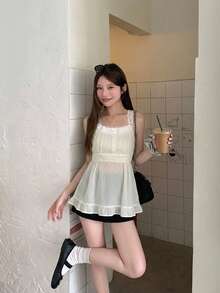 DAZY 女款格紋撞色夏季蕾絲飾邊細肩帶背心可愛上衣 - 杏色 - 查看 6