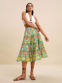 LOTSLUV Women's Emerald Green Floral And Patchwork Ruffle Hem Chiffon Print A-Line Skirt, Summer Holiday, Midi Skirts, Vacation, Festival Skirt Beach Boho - Multicolor - View 4