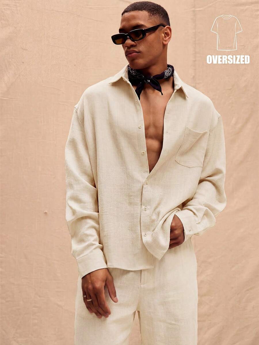 Musero Men Oversized Long Sleeved Linen Shirt Only Spring Summer Vacation Easter - Apricot - View 1