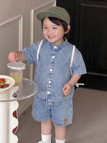 SHEIN 2pcs Baby Boy Denim Short Sleeve Shirt And Shorts Set - Light Wash - View 4