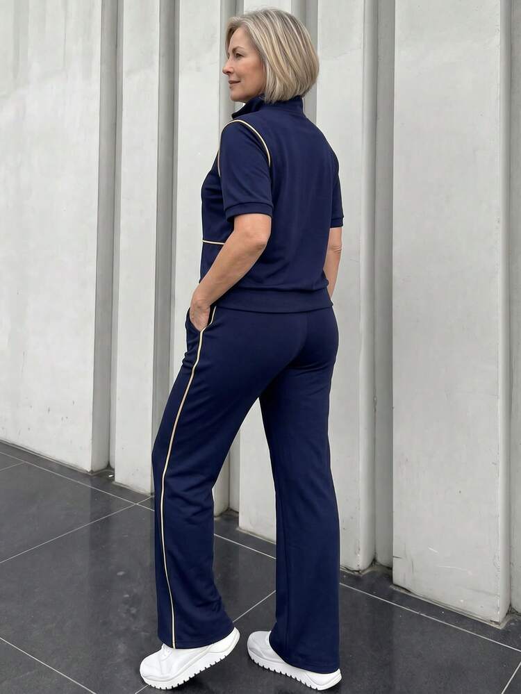 Middle-Aged & Elderly Women's Contrast Trim Short Sleeve Top And Pants Set
