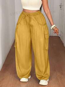 Maweii Pantalones anchos de mujer talla grande con bolsillo de carga y cordón en la cintura, de unicolor - Amarillo - Ver 4