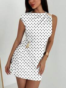 Aloruh Women's Polka Dot Print Metal Decor Ruched Hem Mini Skirt,Dresses For Women Summer - Black and White - View 4