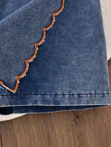 Burnt Orange Summer Cute School Back-To-School Tween Girls Vintage Colorblock Geometric Striped Vest & Denim Ruffled Hem Shorts 2-Piece Outfit Set - Orange - View 6