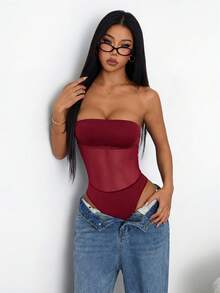 SHEIN PETITE Áo liền thân nữ màu trơn phối lưới, gợi cảm, không tay, ôm sát cơ thể. - Màu Đỏ Sâu - Xem 3