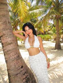 Sweetina Áo croptop nữ gợi cảm, đa năng, họa tiết hoa 3D, khóa kim loại. - trắng - Xem 4