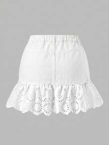 SHEIN MOD Plus Size Women Hollow Embroidery Ruffle Hem Denim Mini Skirt - White - View 3