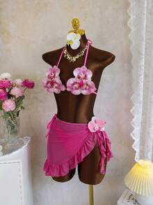 Swim SXY New Fashion 3pcs/Set 3D Orchid Halter Bikini Top, Tie-Up Triangle Bottoms, Ruffle Mesh Mini Skirt Swimwear Set (Flower Pattern Random) - Hot Pink - View 5
