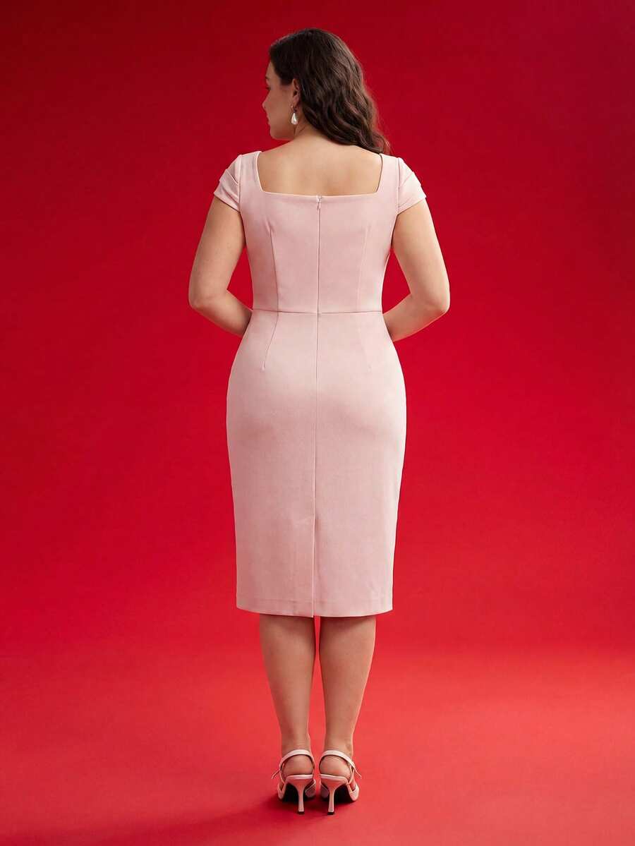 MOTF PREMIUM WOMEN'S PLUS ELEGANT FOLD PLEATED WAIST FITTED DRESS, SPRING/SUMMER - Pink - View 2