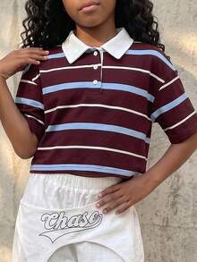 Tween Girls Summer Form-Fitting Striped Contrast Color Polo Neck Red/Brown T-Shirt,Parent-Child Clothing - Multicolor - View 5