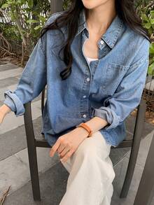 DAZY Blusa vaquera holgada y casual, chaqueta vaquera, ropa de mujer de manga larga para otoño - Lavado ligero - Ver 5