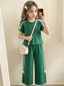 Elladie kids 2件套女童蝴蝶结装饰休闲短袖T恤+蝴蝶结装饰休闲直筒裤套装 - 墨綠色 - 查看 2
