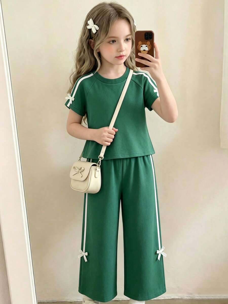 Elladie kids 2件套女童蝴蝶结装饰休闲短袖T恤+蝴蝶结装饰休闲直筒裤套装