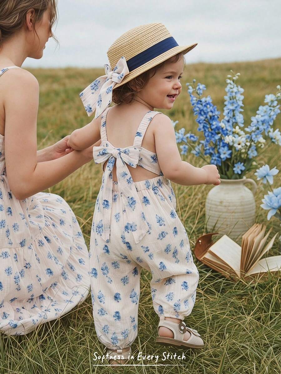 Cozy Pixies Mono informal de verano para bebé niña con estampado floral y espalda descubierta con lazo delantero - Azul - Ver 1