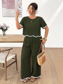 Lounesse Plus Size Women Holiday Round Neck Embroidered Ruffle Hem Blouse And Pocket Pants 2 Pieces Set - Dark Green - View 4