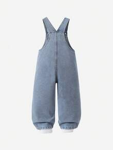 SHEIN ChillGRL Young Girl' 牛仔吊帶褲，開學季休閒淺藍色復古牛仔，蝴蝶結刺繡，磨損水洗，直筒寬鬆版型，適合夏秋季 - 淺色水洗藍 - 查看 3