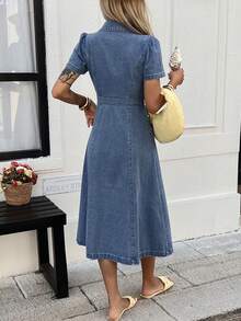 Dazy Tall Đầm denim dài tay ngắn cổ bẻ, thắt eo, kiểu dáng thanh lịch, thích hợp mặc đi biển cho nữ. - Rửa trung bình - Xem 2