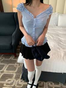 DAZY 女士荷叶边单排扣格子衬衫 夏季 - 藍色 - 查看 4