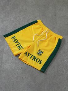 Manfinity Roghcode Celana Pendek Olahraga Pria Warna Kuning untuk Musim Panas, Gaya Blok Warna Brasil, Gaya Khas Olahraga & Santai, Logo Merek Sepak Bola dengan Tema Personalisasi - Kuning - View 3