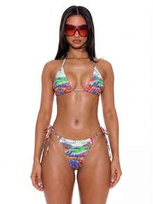 Musera Resort Tie Sides Graphic Print Hawaiian Sexy Club Bikini Bottoms Only For Summer Spring Holiday Vacation Ibiza Beachwear Festival Rave Y2K - Orange - View 5