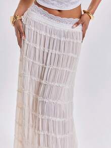 ROMWE Chân váy cạp trễ bằng vải chiffon mỏng nhẹ kiểu Y2K, thích hợp cho đi biển, kỳ nghỉ trên đảo, lễ hội âm nhạc, tiệc tùng, hẹn hò Valentine và mặc hàng ngày. - Màu be - Xem 2