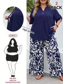 SHEIN CURVE+ 两件套加大码女式休闲V领短袖上衣和印花长裤度假套装，春秋季 - 藏蓝色 - 查看 7