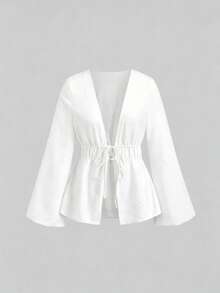 Sweetra Áo nữ màu trơn cổ chữ V sâu, xếp ly, kiểu dáng thường ngày, đa năng. - trắng - Xem 1