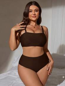 Swim Lushoire 2026 Model Baru Musim Panas Dasar Minimalis Dasar Ukuran Plus Wanita Tankini Set Pakaian Renang Liburan Pesta Pantai Cokelat - Coklat - View 5
