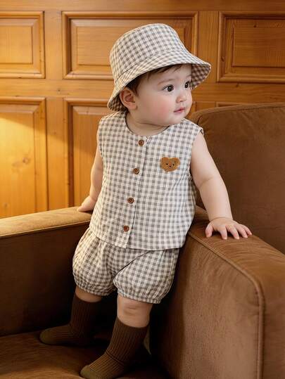 Bộ 3 món cho bé trai/bé gái, gồm áo khoác kẻ caro dễ thương, quần short và mũ chống nắng, bộ quần áo mùa hè cho bé trai, đồ đi nghỉ mát.