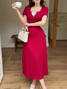 Feyla Women's Contrast Lace Short Sleeve Button Design Elegant Mid-Length Dress - Red - View 5