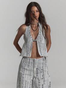 MUSERA Printed Frayed Edge Denim Halterneck Top Sexy Summer Spring Rave Festival Holiday Vacation Party Going Out Serpent - Baby Blue - View 5