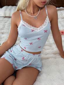 Softscene Lace Patchwork Striped Bow Print Camisole & Shorts Women Pajama Set - Multicolor - View 5