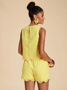 Travachic Women's Hollow Embroidery Tank Top And Shorts Casual Set For Vacation - Yellow - View 7