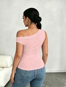 Elenzga Kaos Pas Badan dengan Kerah Asimetris Ukuran Besar, Atasan Kasual Serbaguna, Musim Semi/Panas - Berwarna merah muda - View 2