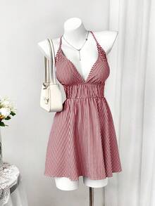 Rustia Plus Size Women Striped Deep V-Neck Backless Dress - Red - View 5