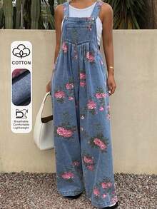 Livesso Mono vaquero holgado de pierna ancha con pliegues y estampado floral para mujer - Azul - Ver 1