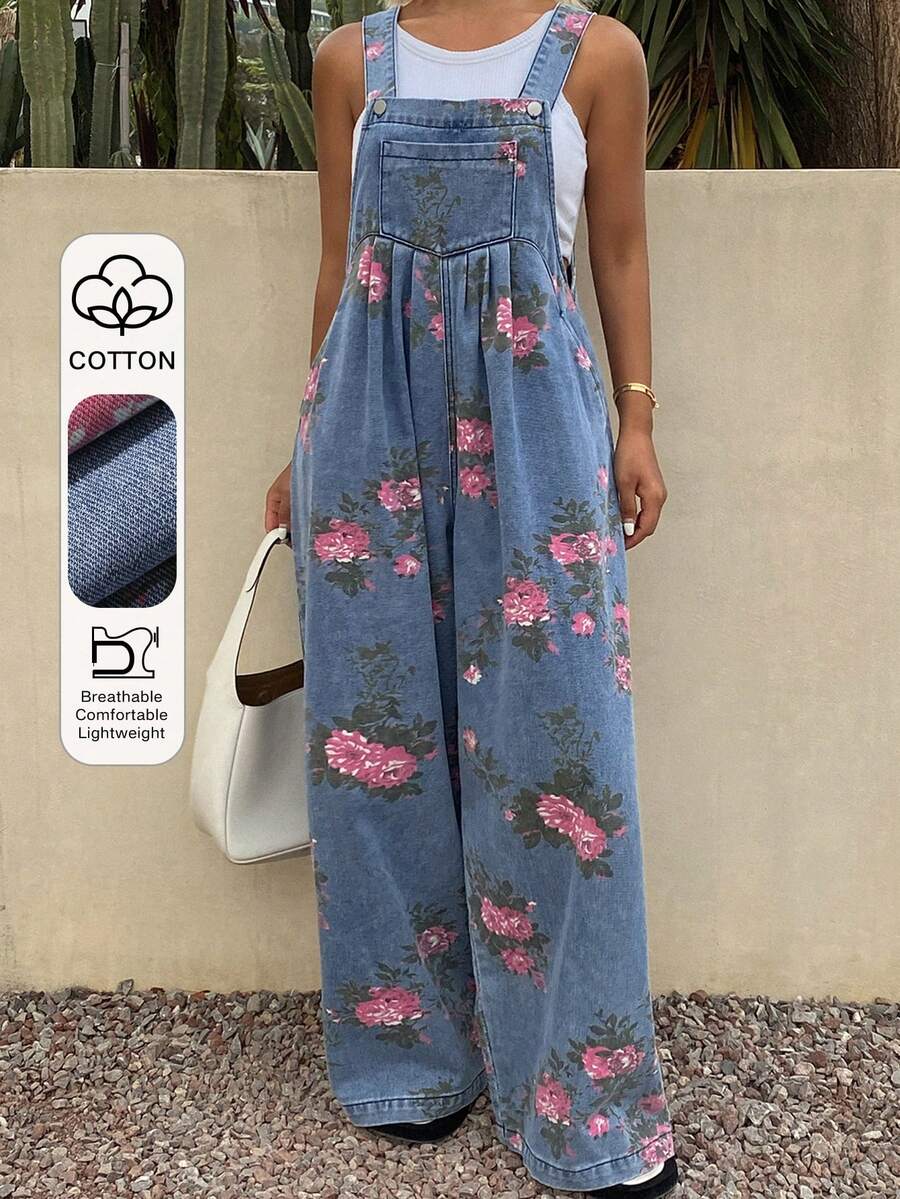 Livesso Mono vaquero holgado de pierna ancha con pliegues y estampado floral para mujer - Azul - Ver 1