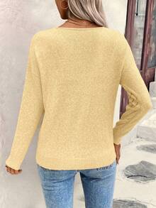 EMERY ROSE Women's Loose Casual Hollow Geometric Textured V-Neck Sweater - Yellow - View 2