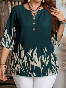 EMERY ROSE Plus Size Plant Print Casual Business Casual Traditional Shirt Suitable For Summer Vacation Dark Green - Green - View 4